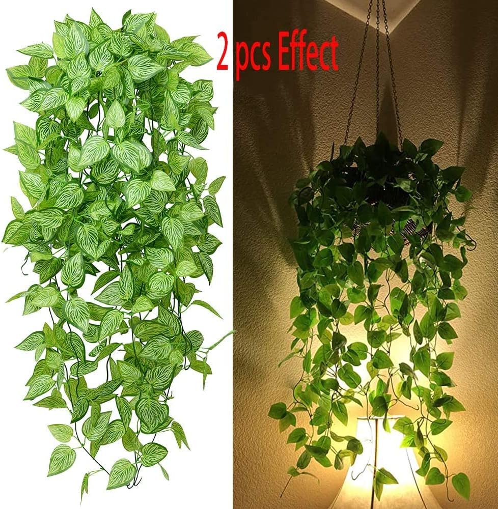 Artificial Hanging Plants 2pcs Fake Hanging Plant Artificial Faux Plant Outdoor UV Resistant Plastic Plants (Green)
