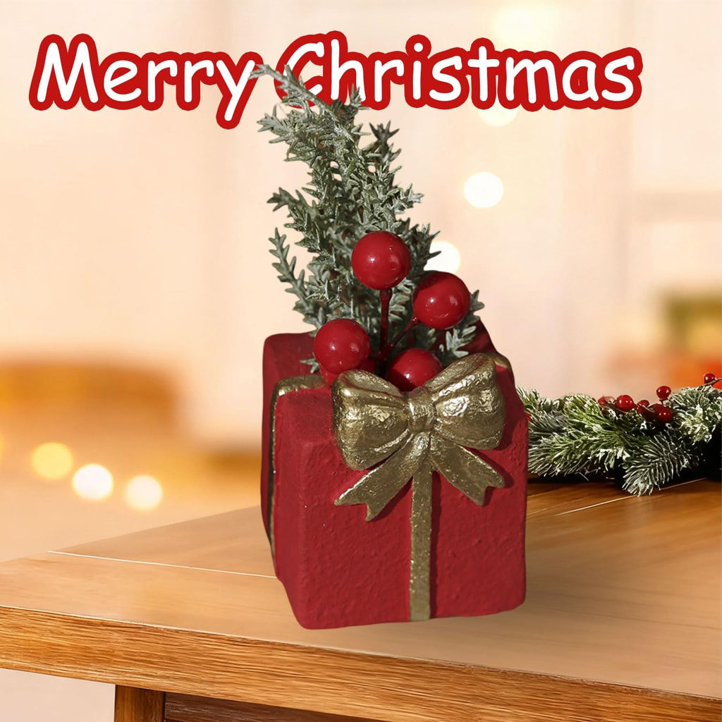 Mini Christmas Tree Tabletop Decorations, Artificial Xmas Tree Decor for Tables Red Berry ＆ Pine Branch with Snowman Base Christmas Table Decor for Winter Party Home Indoor Fireplace Mantel Decoration