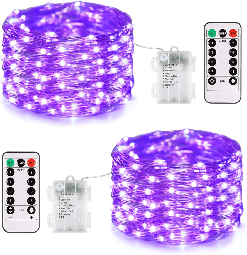 JMEXSUSS 2 Pack Christmas Fairy Lights Battery Operated, Total 200 LED 66ft Purple Christmas Lights with Remote, 8 Modes Twinkle String Lights Light for Halloween Tree Indoor Outdoor Decorations