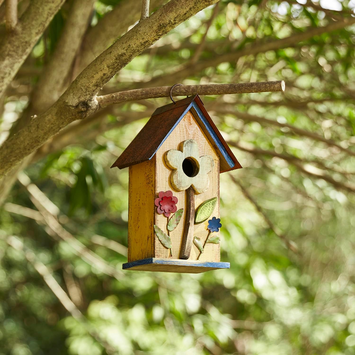 Glitzhome 10.25" Inch Wooden Bird House Hanging Distressed Flower Garden Birdhouse for Outdoor