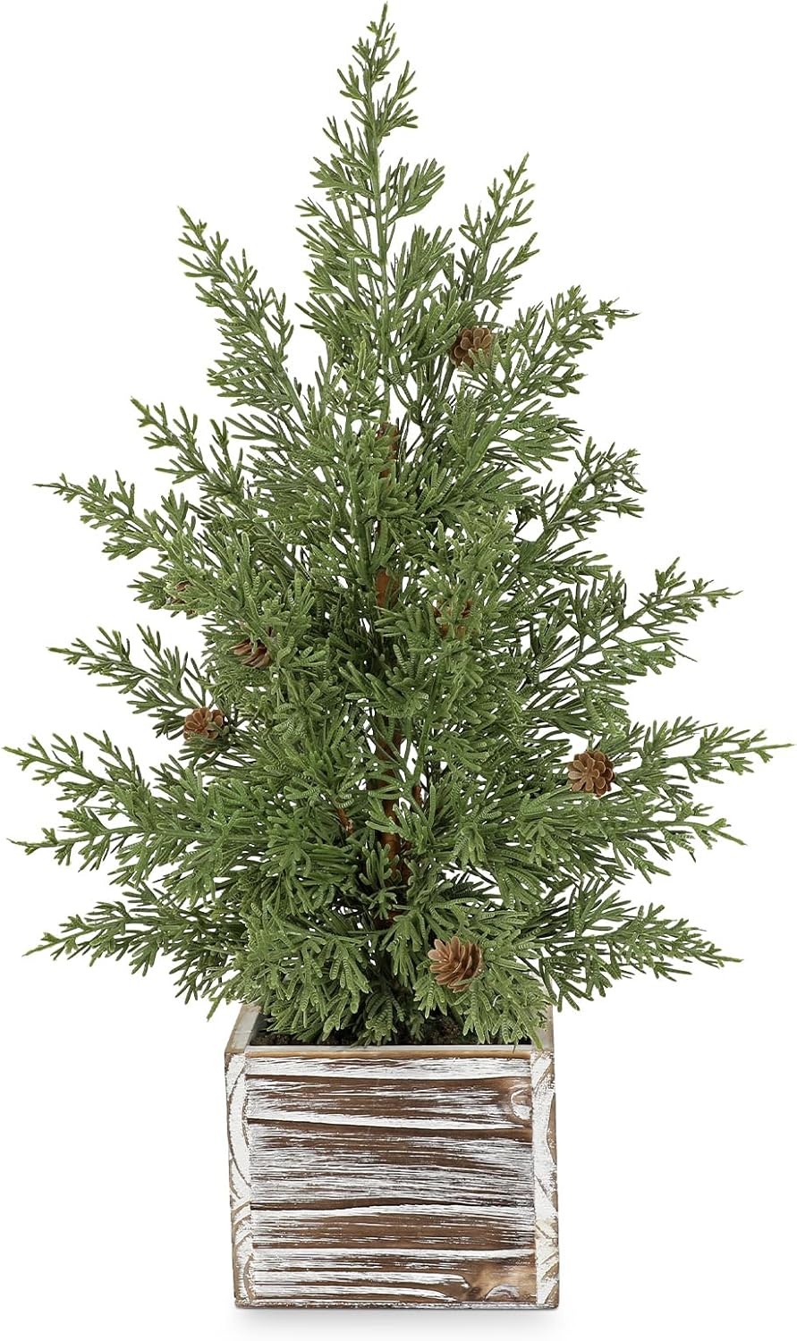 Briful Artificial Christmas Tree 21.2’’ Tall, Mini Tabletop Xmas Tree with Pinecones in Rustic Wooden Box, Small Faux Cedar Tree for Home Office Holiday Decor, Farmhouse Winter Table Centerpiece