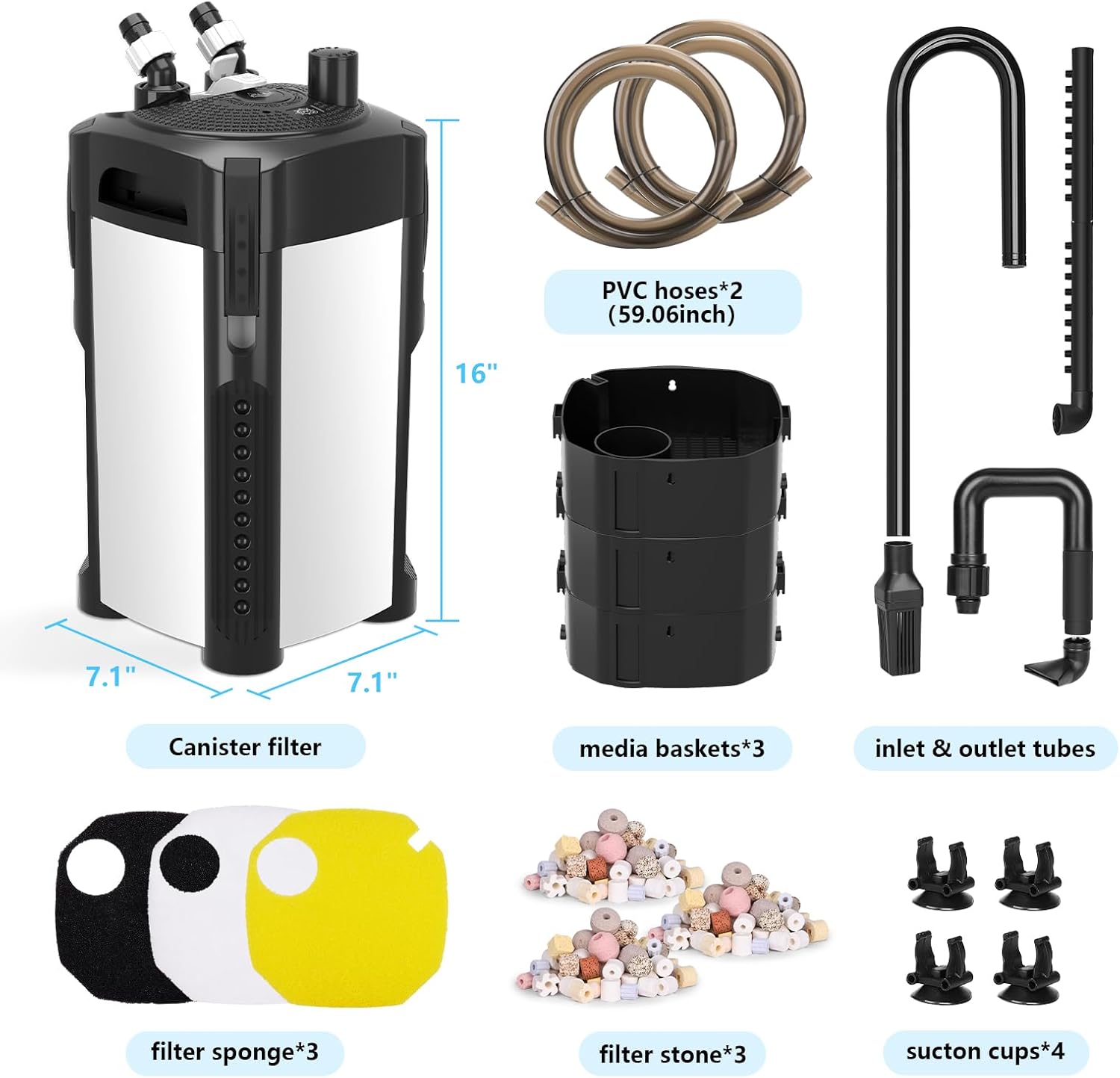 AQQA 475GPH Canister Filter, Ultra-Quiet External Aquarium Canister Filters, 3 Stage Filtration Aquarium Filter with Quartz Balls and Filter Cotton for Fish Tanks and Aquariums Up to 100 Gallon 25W