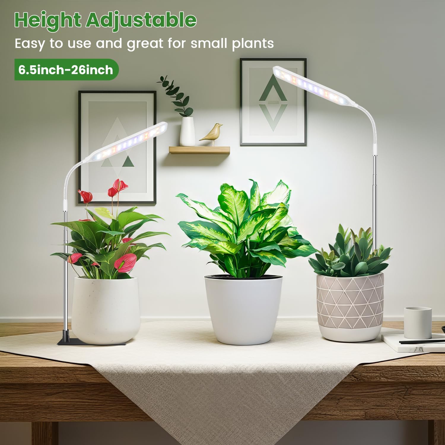 Wolezek Grow Light for Indoor Plants, 52 LEDs Full Spectrum Plant Grow Light with Base, Height Adjustable Grow Lamp with Auto Timer 6/12/16H, 5 Dimmable Brightness, for Small Plants, White, 2-Pack