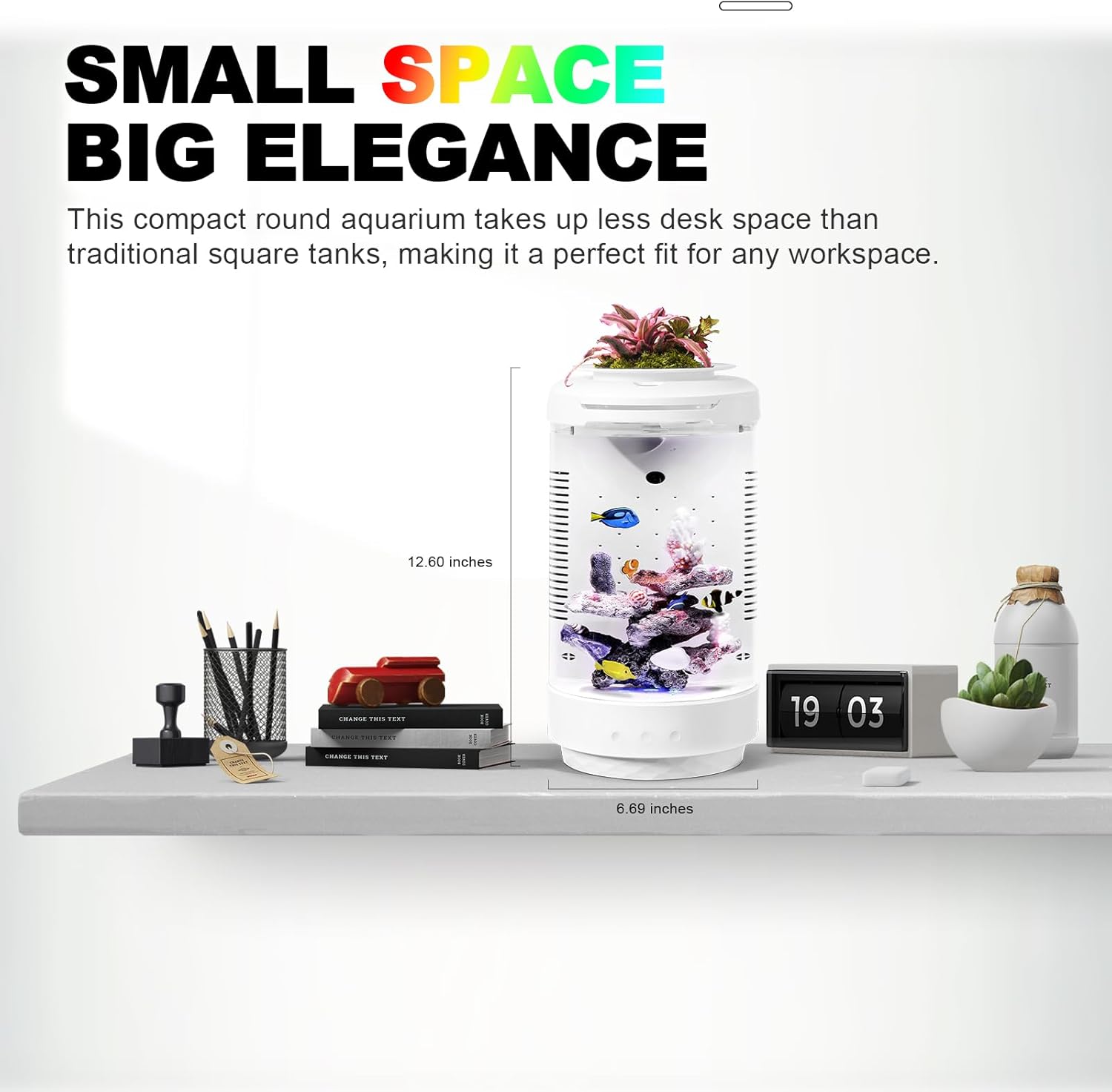 FZONE 1.2Gal Small Fish Tank with Plant Pot, All-in-one Desktop Aquarium Kit with Adjustable 4 Color Light Modes,20dB Filtration Pump,Detachable Backdrop,Invisible Touch Switch, Office & Home Decor