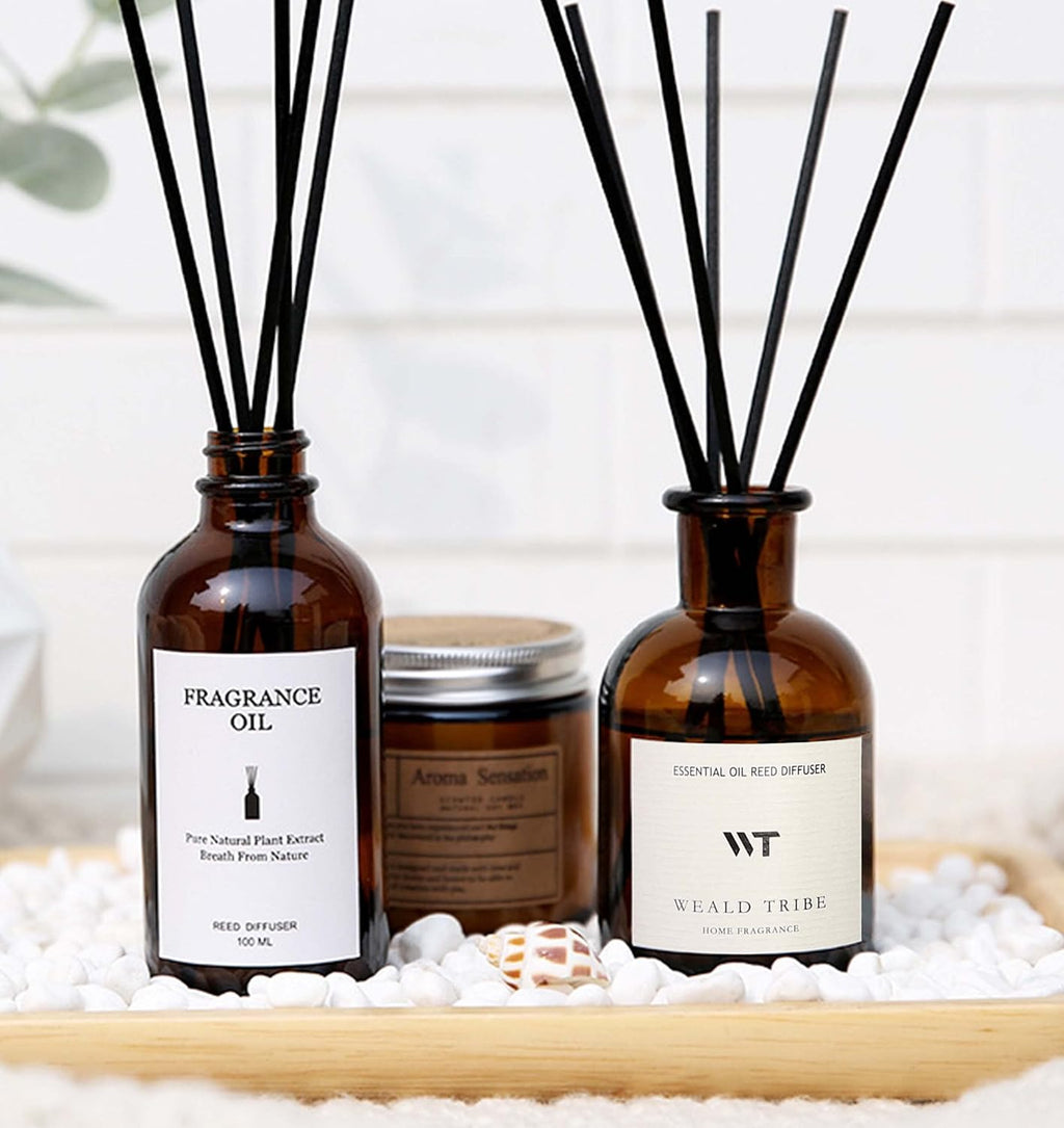 WEALD TRIBE Reed Diffuser Set for Bathroom Air Fresheners, Oil Diffuser Sticks | Vanilla Whiskey Scent 4.0 fl oz Home Fragrance with Sticks Defusers | House Bedroom Office Shelf Decor