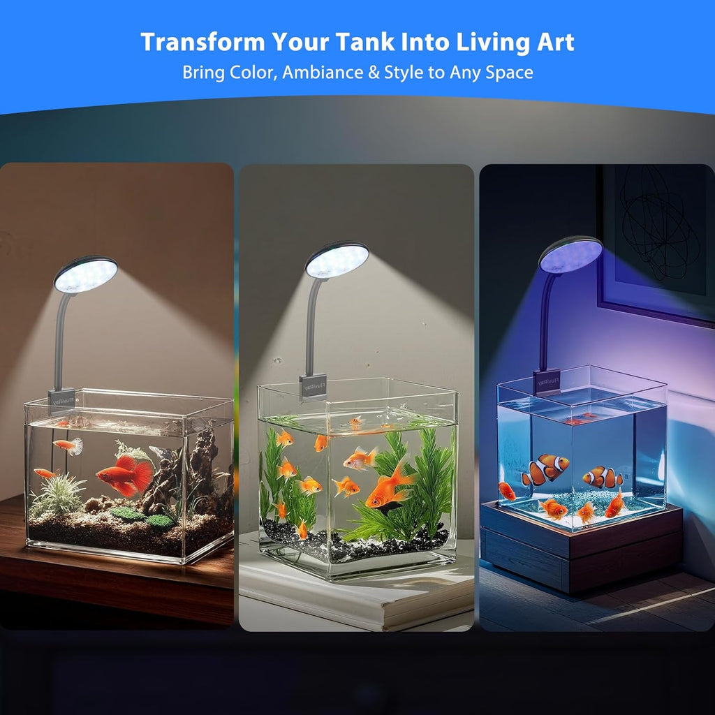 Mini Clip-On Aquarium Light 7W USB Dimmable Fish Tank Lamp with 3 Light Modes (White/RGB/Full Spectrum), 9-Level Brightness, 360° Adjustable Gooseneck for 1–3 Gallon Tanks