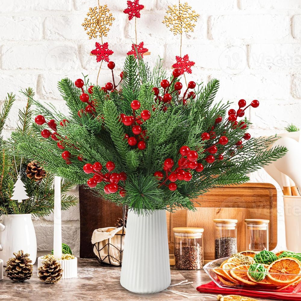 60 PCS Artificial Pine Branches Christmas Faux Pine Greenery Stems Red Holly Berries Fake Cedar Pine Needles Picks for Christmas Tree Wreath Garland DIY Crafts Holiday Home Decoration