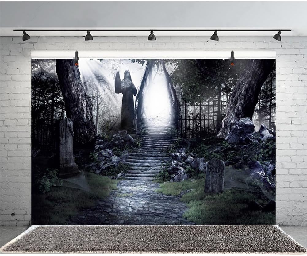 Renaiss Fabric Dark Forest Backdrop Dilapidated Stone Path in Dark Woods Leading to Bright Exit Photography Background Scary Halloween Scene Photoshoot Backdrop 6x4ft