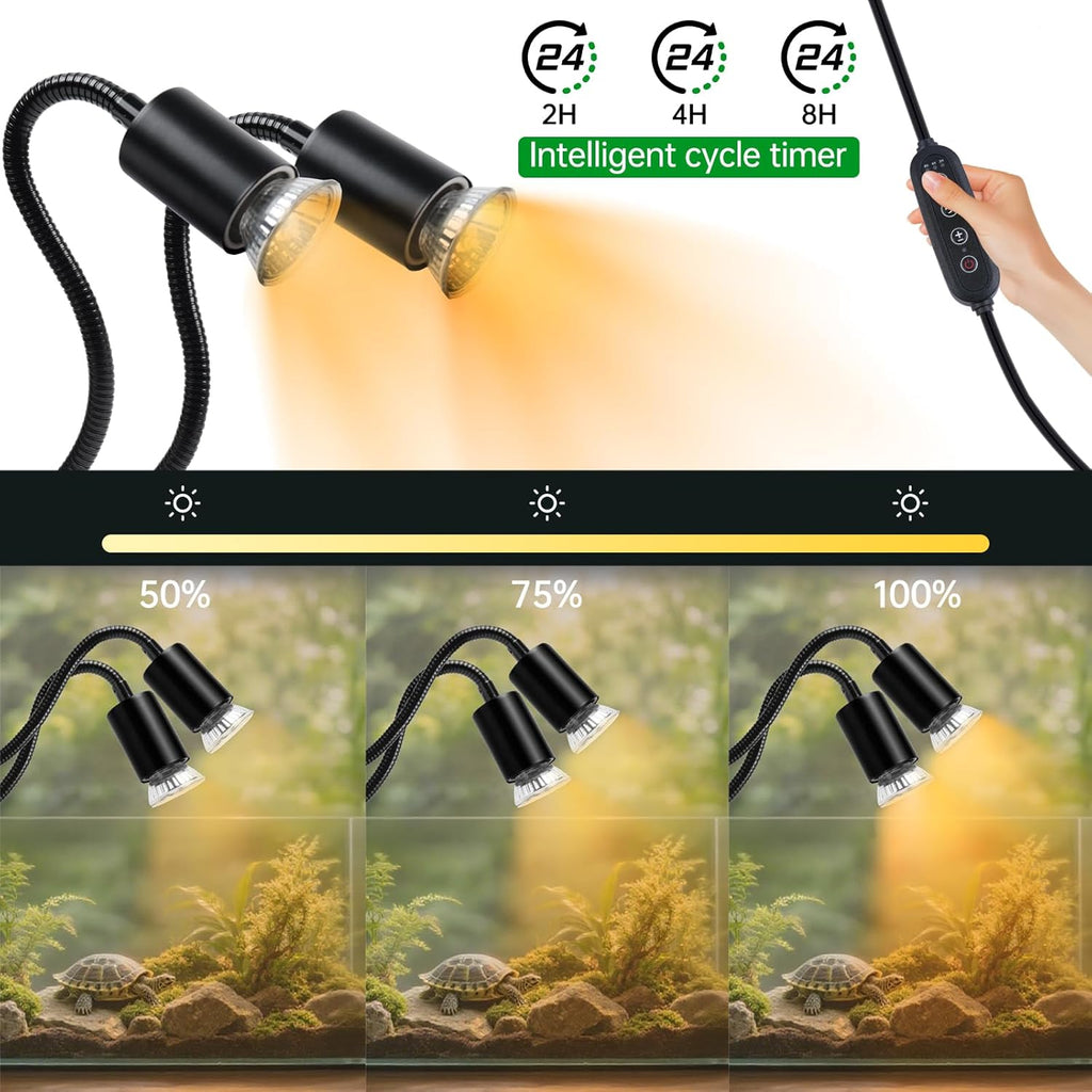 LUCKY HERP Reptile Heat Lamp, Dual Head UVA UVB Reptile Light with Cycle Timer, 360°Rotatable Dimmable Aquarium Turtle Tank Basking Light with 4 Bulbs (2PCS 25W and 2PCS 50W)