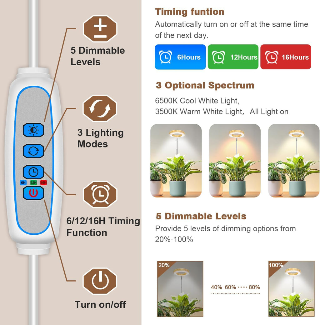 Grow Light, 48 LEDs Full Spectrum Plant Lights for Indoor Growing, Height Adjustable Wood Grain Plant Grow Light with Base, 3 Optional Spectrums, Auto Timer 6/12/16Hrs, 5 Brightness