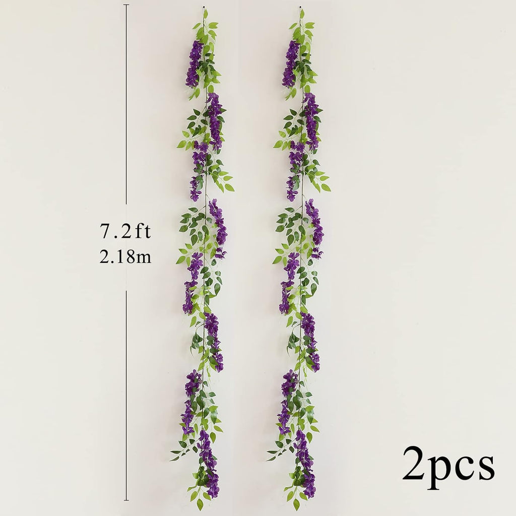 Wisteria Artificial Flowers Garland, 2Pcs 7.2Ft/Piece Silk Fake Wisteria Vine Kit, Hanging Flower for House Outdoor Garden Ceremony Outside Wedding Arch Floral Decor (2, Purple)