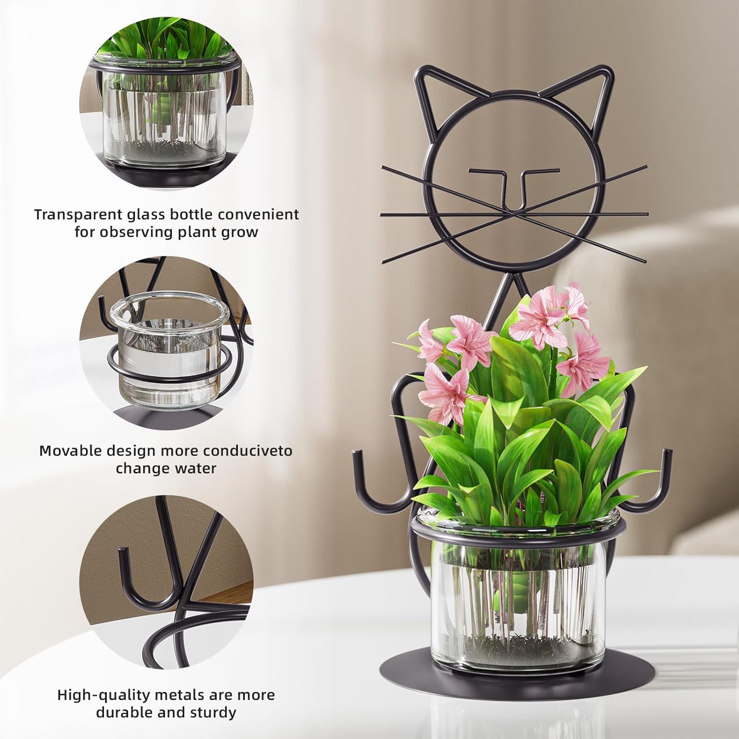 Marbrasse Plant Propagation Station, Cat Plant Terrarium with Metal Stand, Glass Planter Hydroponic Vase Birthday Gifts for Women Home Office Garden Decor Terrarium Supplies