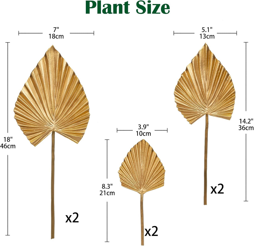 6 Pcs Pu Foam Artificial Golden Leaf Faux Palm Tropical Leaves Fake Palm Fronds for DIY Wedding Bouquets Fake Leaves for Centerpieces Arrangements Bridal Shower Leaf Stem for Party Home Decor-Gold