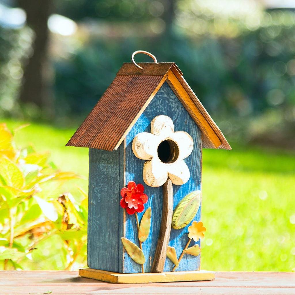 Glitzhome 10.2" H Hanging Bird House for Outdoor Patio Garden Decorative BirdHouse Pet Cottage Distressed Wooden Birdhouse with 3D Flowers, Washed Blue