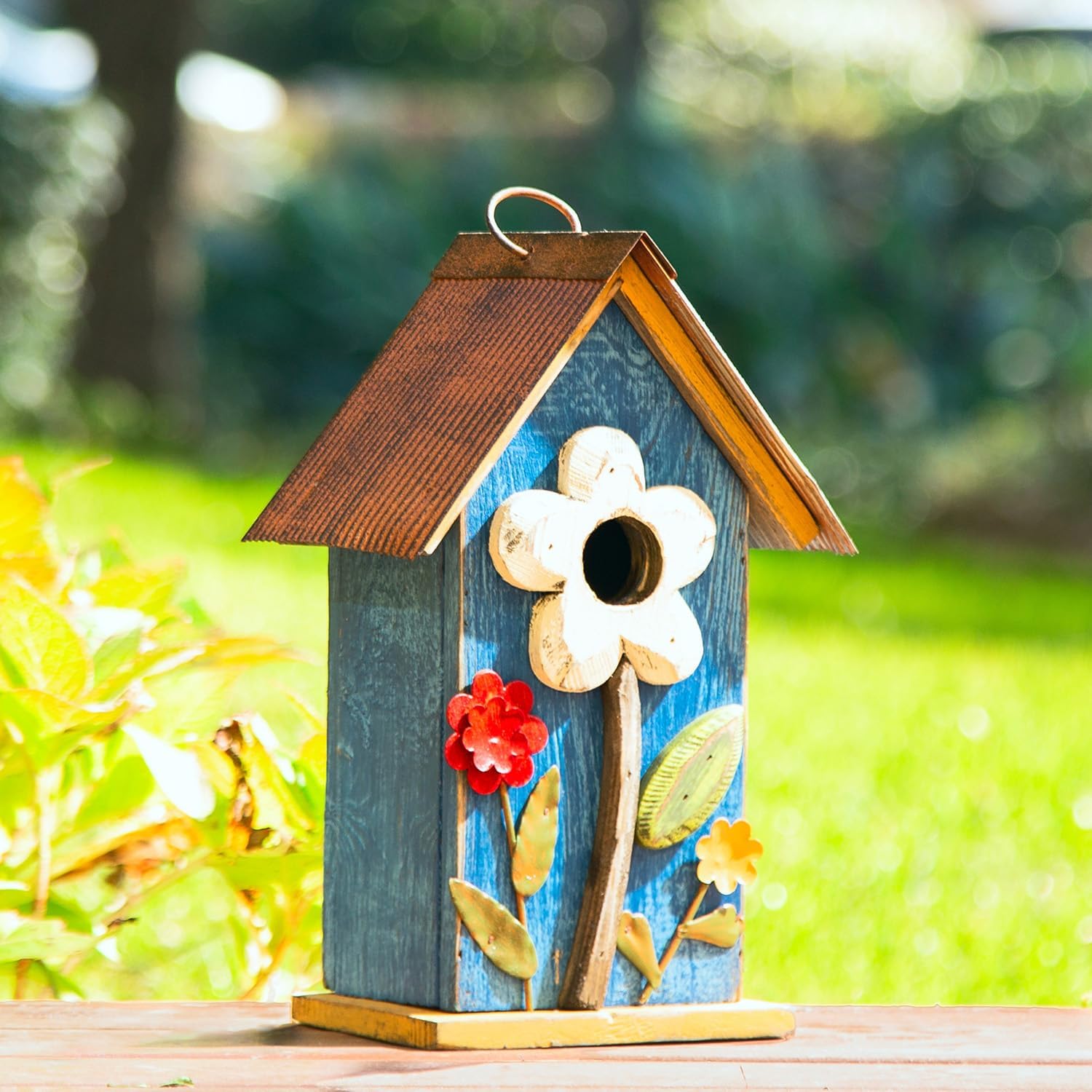 Glitzhome 10.2" H Hanging Bird House for Outdoor Patio Garden Decorative BirdHouse Pet Cottage Distressed Wooden Birdhouse with 3D Flowers, Washed Blue