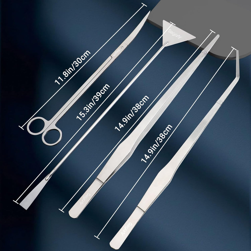 Segarty Longer Aquarium Aquascaping Tools, 4 in 1 Stainless Steel Silver Aquarium Tools Kit for Aquatic Plant Fish Tank, Scraper Spatula Feeding Tweezers Curved Scissors Anti Rust Aquascape Set