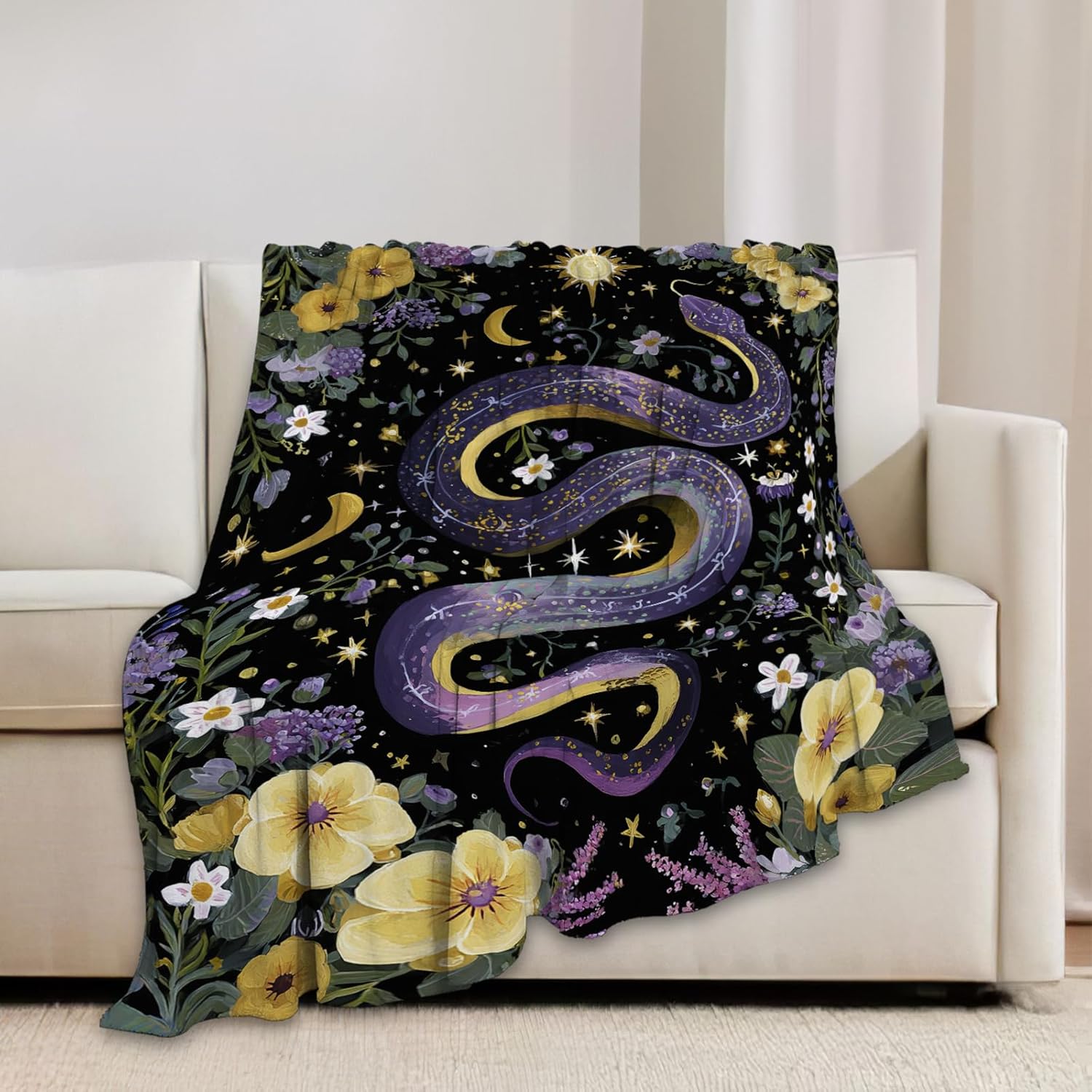 Purple Snake Blanket Fantasy Floral Reptiles Throw Blankets Gifts for Girls Boys Kids Snake Lover Soft Cozy Fleece Plush for Couch Sofa Bed 80"x60"