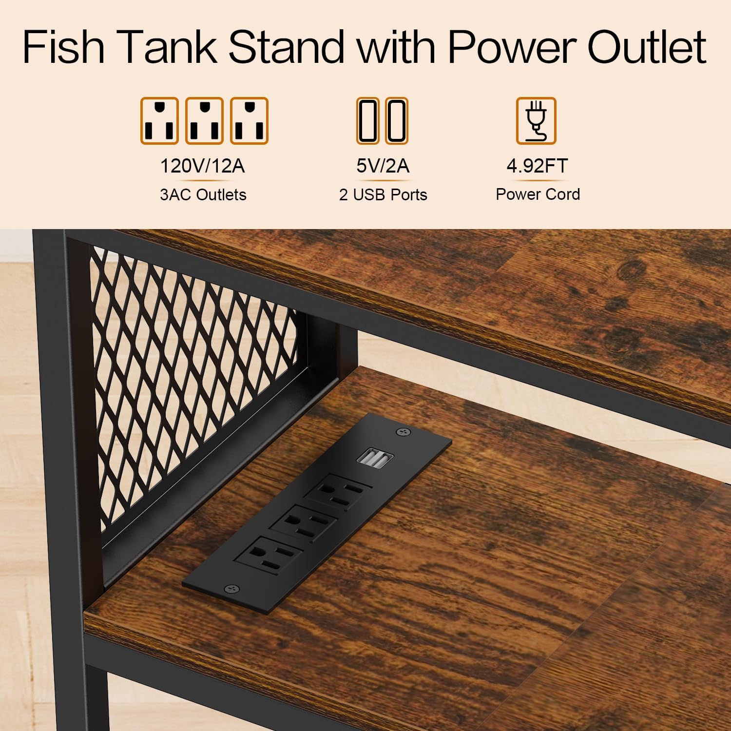 Snughome 10 Gallon Fish Tank Stand with Power Outlets, Aquarium Stand with Storage, 3 Tier Heavy Metal Reptile Tank Stand Fish Tank Shelf 20.47" x 11.42" x 30.91", Rustic Brown