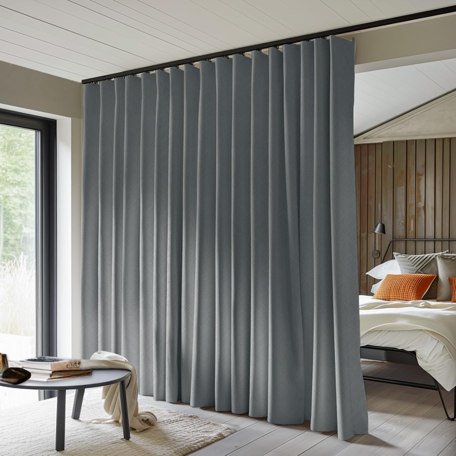 Room Divider Curtains Total Blackout Privacy Curtain Panel Room Thermal Insulated Noise Reduction Curtains for Bedroom Window Living Room Ceiling Track Curtain W 15 ft × H 8 ft Dark-Grey