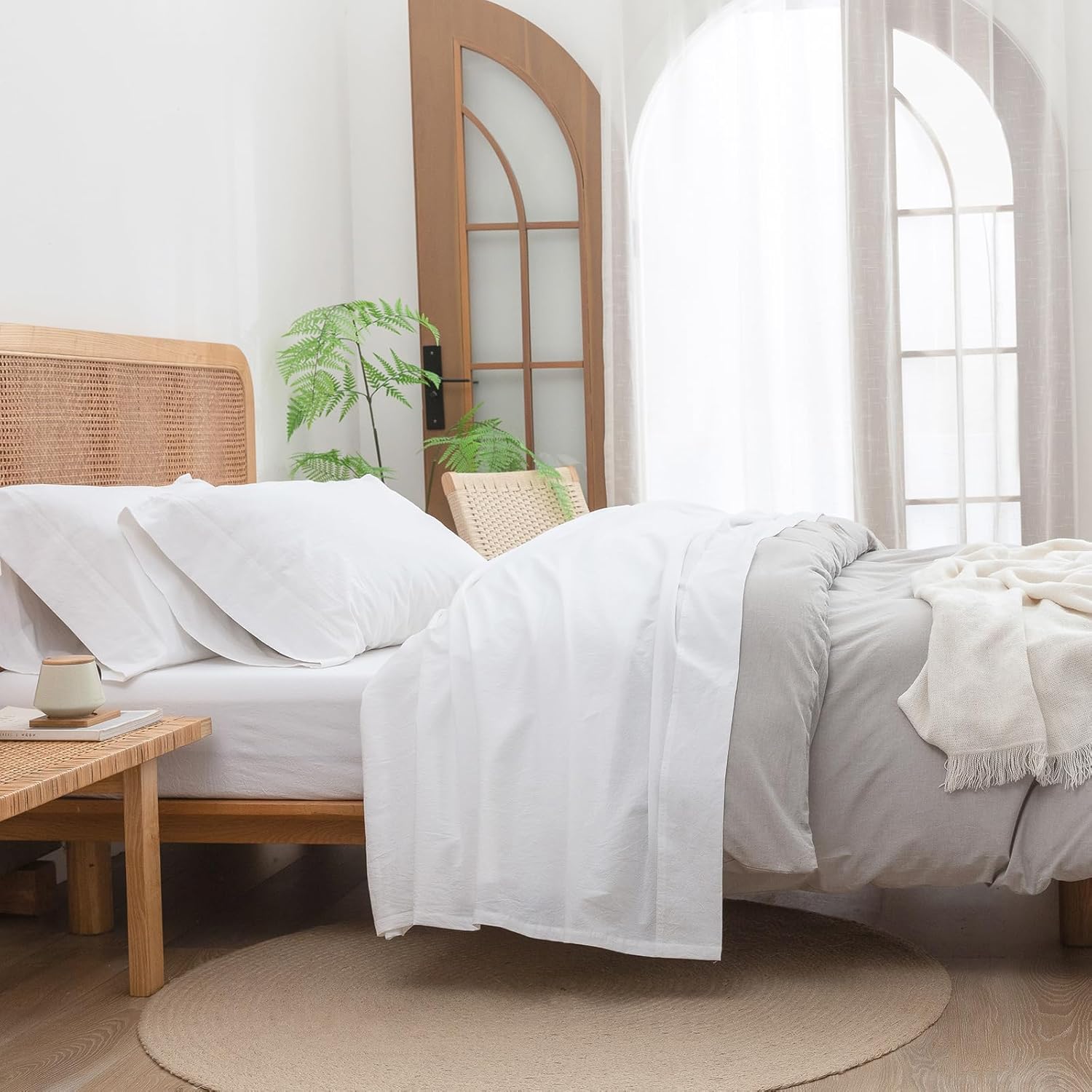 BESTOUCH Sheet Set 100% Washed Cotton Linen Feel Super Soft Comfortable Chic Lightweight 4 Pcs Home Bedding Set Solid Bright White Cal King