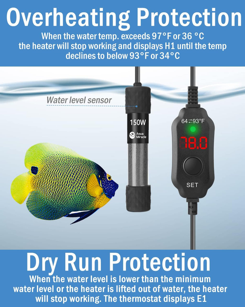 AquaMiracle Adjustable 150W Aquarium Heater Submersible Fish Tank Heater Super Short Aquarium Heater with LED Digital Display Thermostat, for Tanks 15-30 Gallons