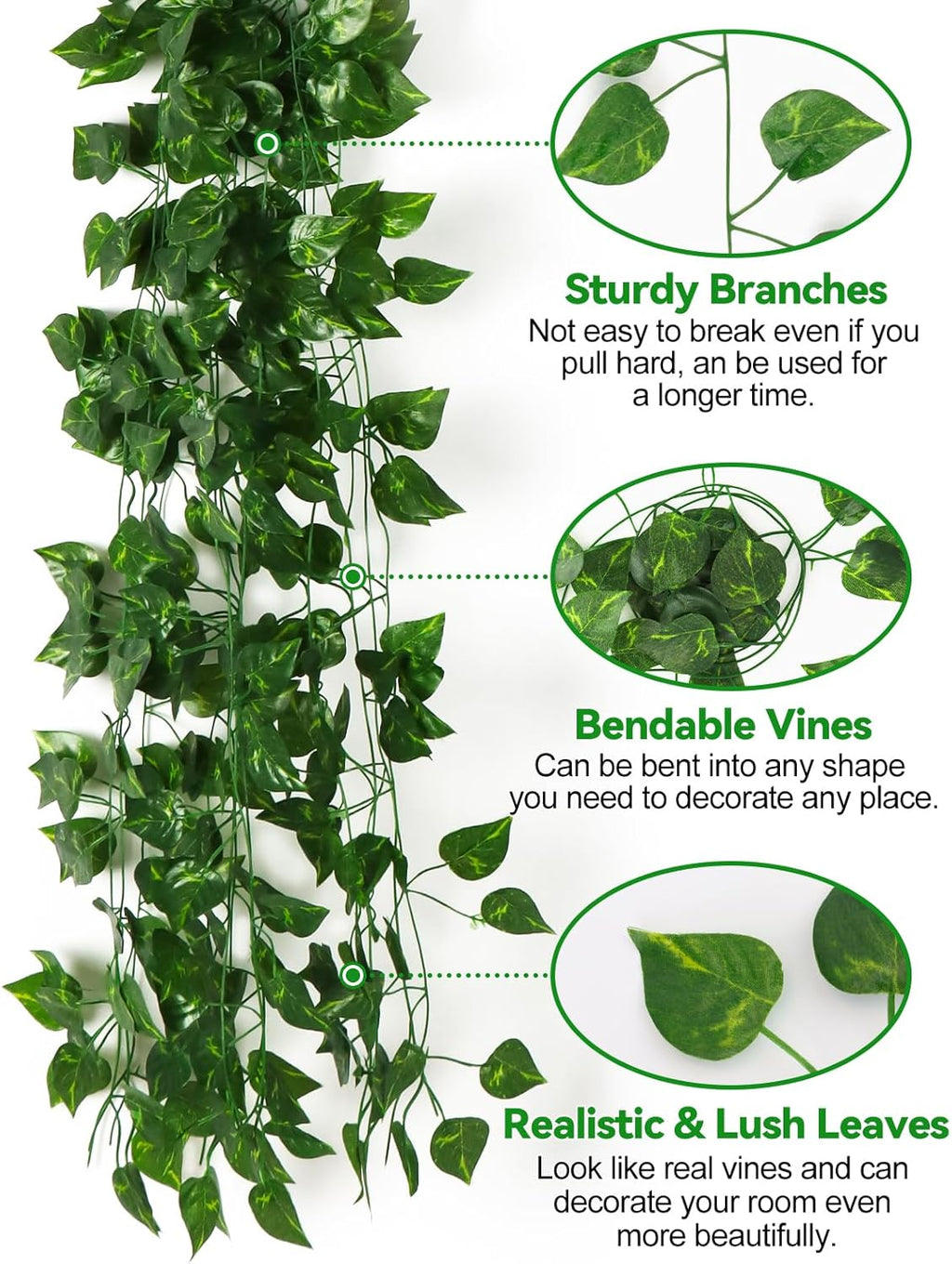Kalolary 348FT Artificial Ivy Garland 48 Pack Scindapsus Leaf Fake Vines Plants Garland Hanging Aesthetic Plants Greenery Green Leaves for Wedding Bedroom Garden Party Office Wall Outdoor Decoration