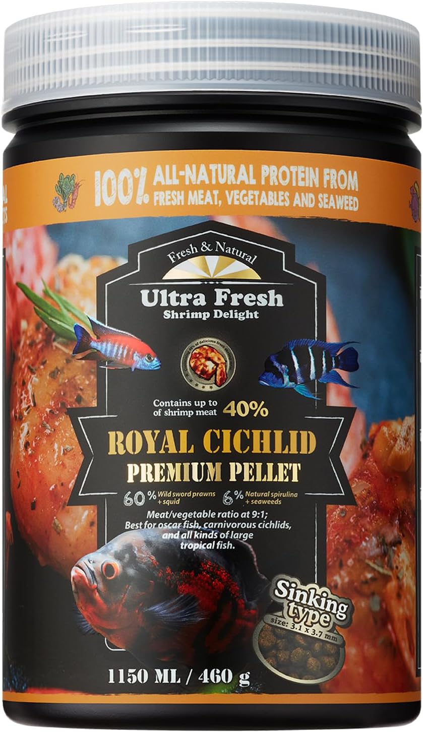 Royal Cichlid Premium Sinking Fish Food, Wild Sword Prawns, All Natural Ingredients, Carnivore Pellets for Large Tropical Fish, 16 oz