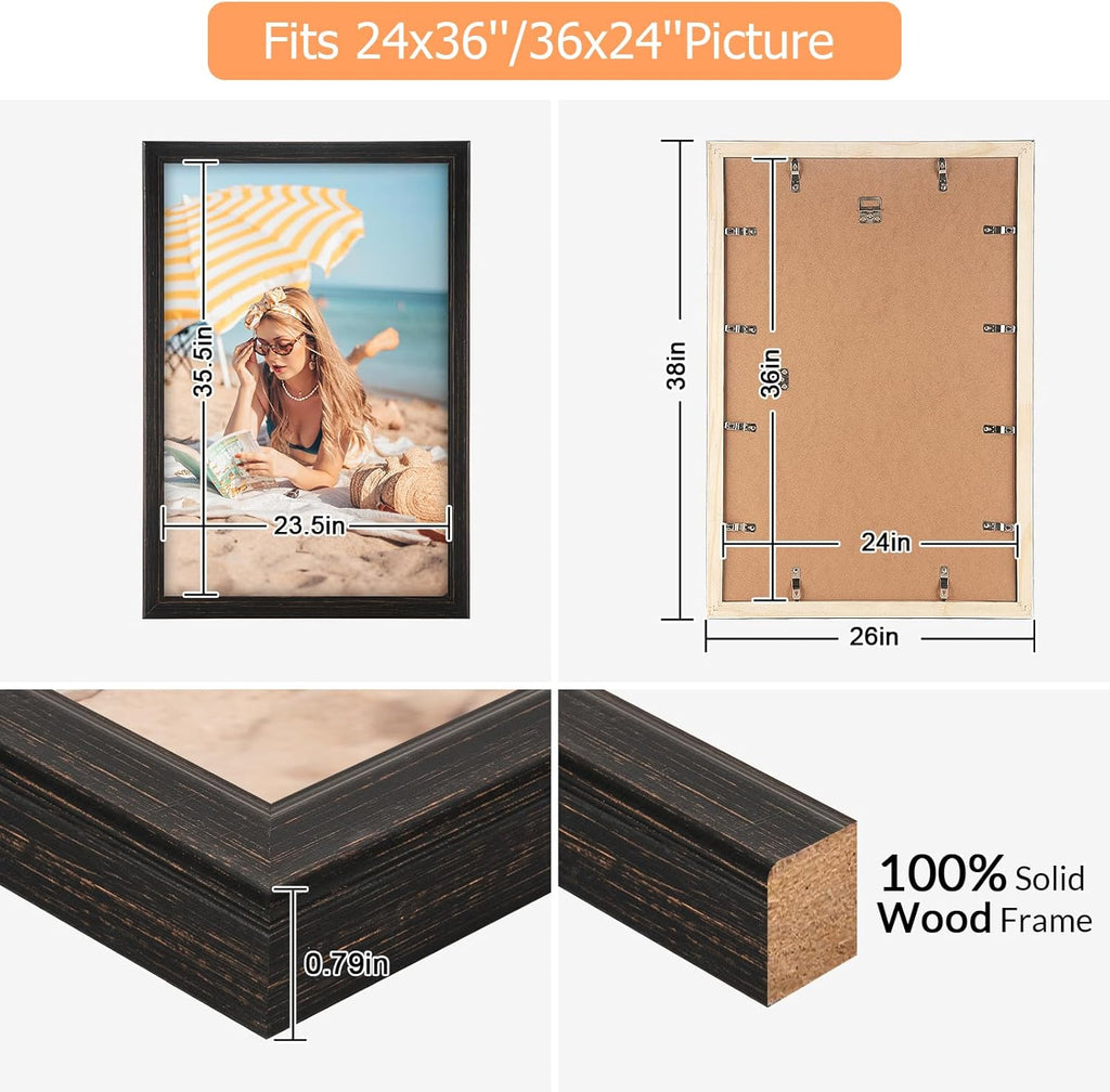 24x36 Wood Frame Black, Rustic Natural Wooden 36x24in Poster Picture Frame, Distressed 24 x 36inch Woodgrain Gallery Photo Frame with HD Plexiglass, Horizontal Vertical Wall Mounting Display 1pcs