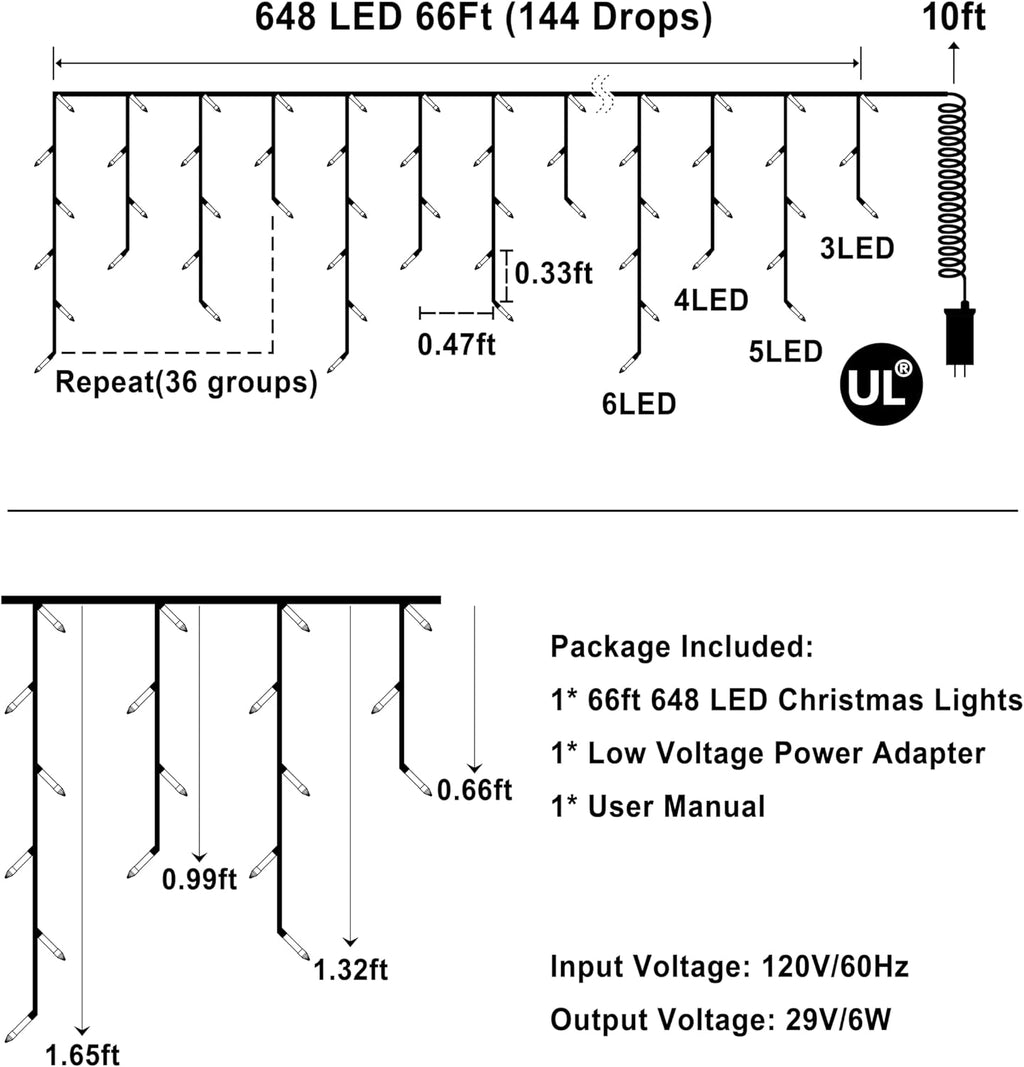 648 LED 66FT Christmas Lights 144 Drops, Outdoor Hanging lights with 8 Modes & Timer, Plug in Curtain String Lights Outdoor Waterproof for Holiday Wedding Party Home Garden Tree Outside Decor (Blue)