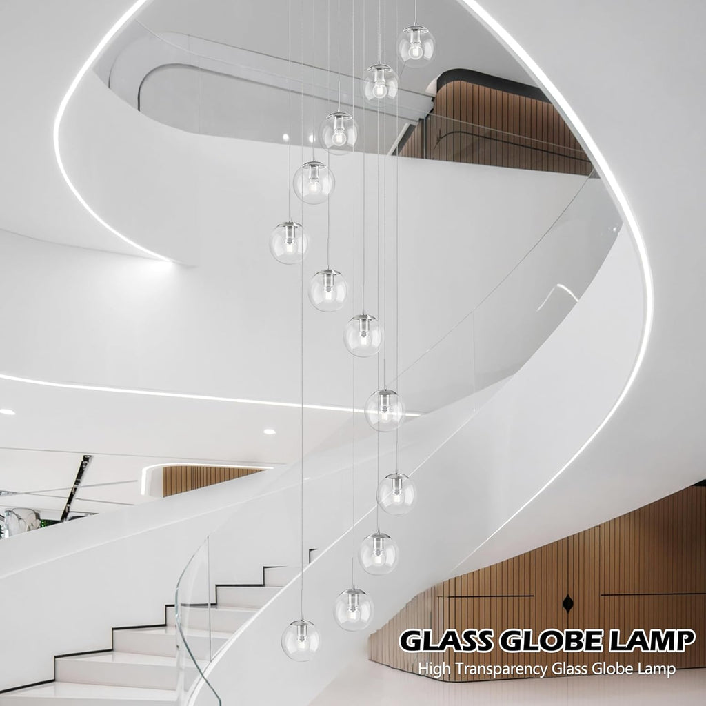 KoKo&Yukina 12-Light Nickel Mid Century Modern Chandelier for Living Room Staircase Chandelier for Entryway Clear Globe Glass Chandelier High Ceiling Chandeliers Foyer Entryway (Bulb & Remote Incl.)