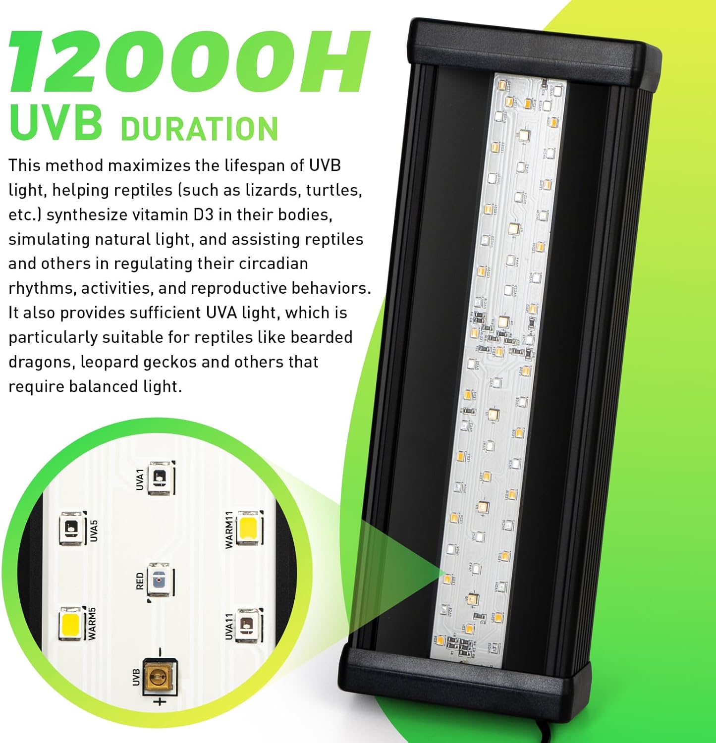 UVB Reptile Light, 9W UVA UVB LED Heater Lamp Bar for Bearded Dragon, Turtles, Gecko, Snake, Lizard, Adjustable 6/10/12H Timer, Dimmable with 3 Lighting Modes