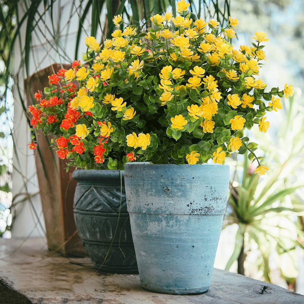 8 Bundles Artificial Flowers, Fake Artificial Greenery UV Resistant No Fade Faux Plastic Plants for Wedding Bridle Bouquet Indoor Outdoor Home Garden Kitchen Office Table Vase (Yellow)