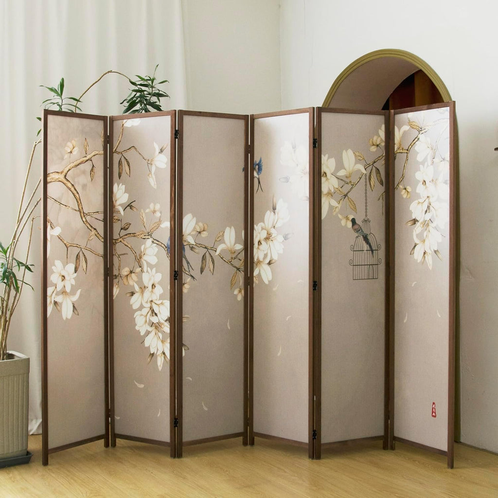 6 Panel Room Divider Folding Privacy Screen,5.6 FT Tall Double Faced Panel Screen,Blackout Panel Divider for Room Seperation,Flower and Bird