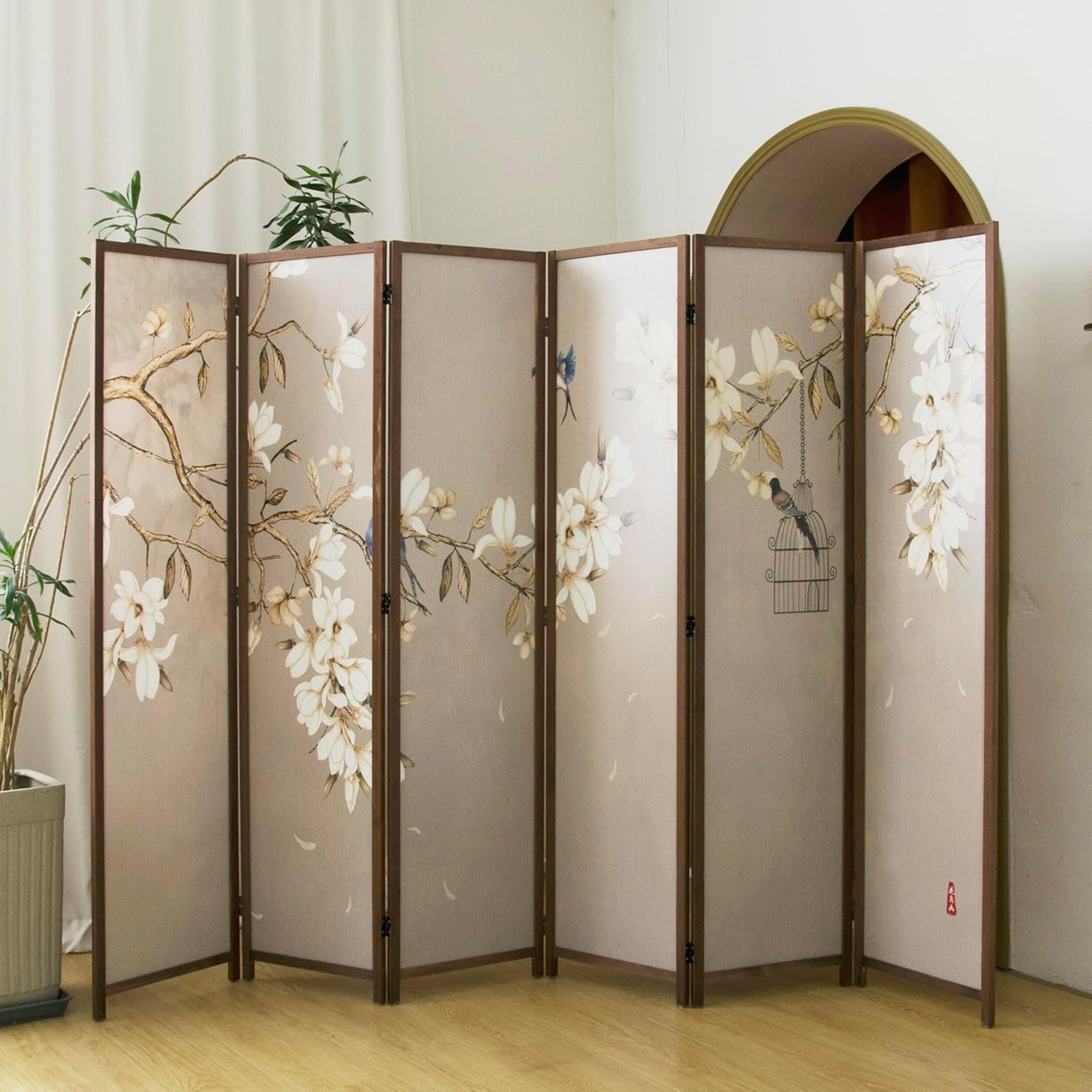 6 Panel Room Divider Folding Privacy Screen,5.6 FT Tall Double Faced Panel Screen,Blackout Panel Divider for Room Seperation,Flower and Bird