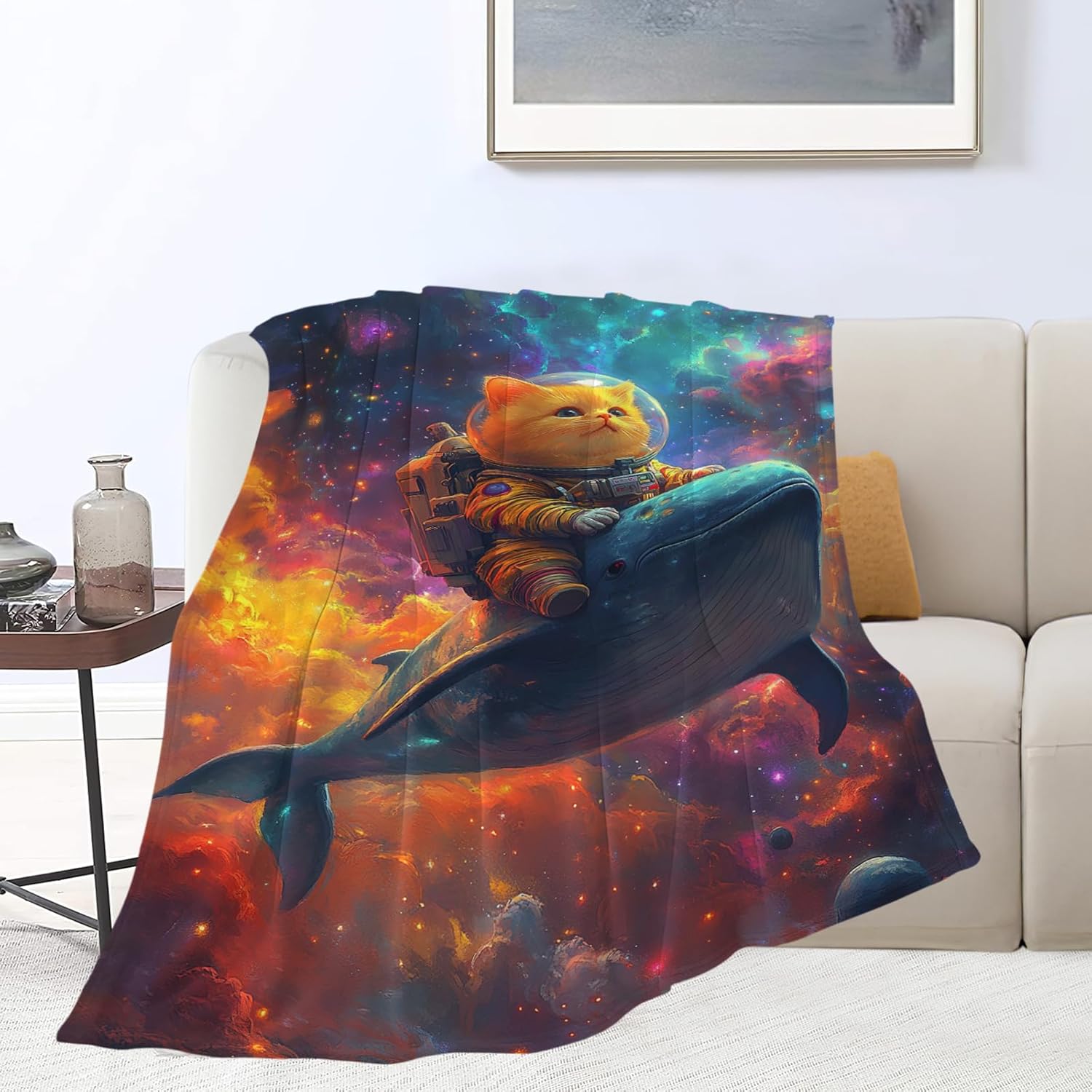 Funny Cat Throw Blanket Universe Space Whale Cat Stuff Gifts for Kids Girls Boys Adults Women Men Soft Cozy Warm Plush Fluffy Fuzzy Fleece Blanket Decor 40''X50''
