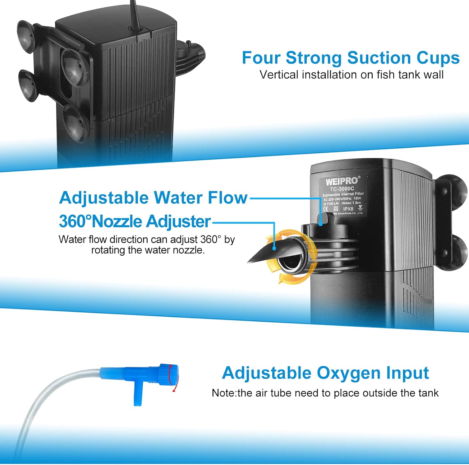 Internal Fish Tank Filter with 4-Stage Biochemical Sponge Filtration, 23W Adjustable Water Flow Submersible Aquarium Filter Pump for 80~120 Gal Freshwater or 50~70 Gal Saltwater, TC-3000C(370GPH)