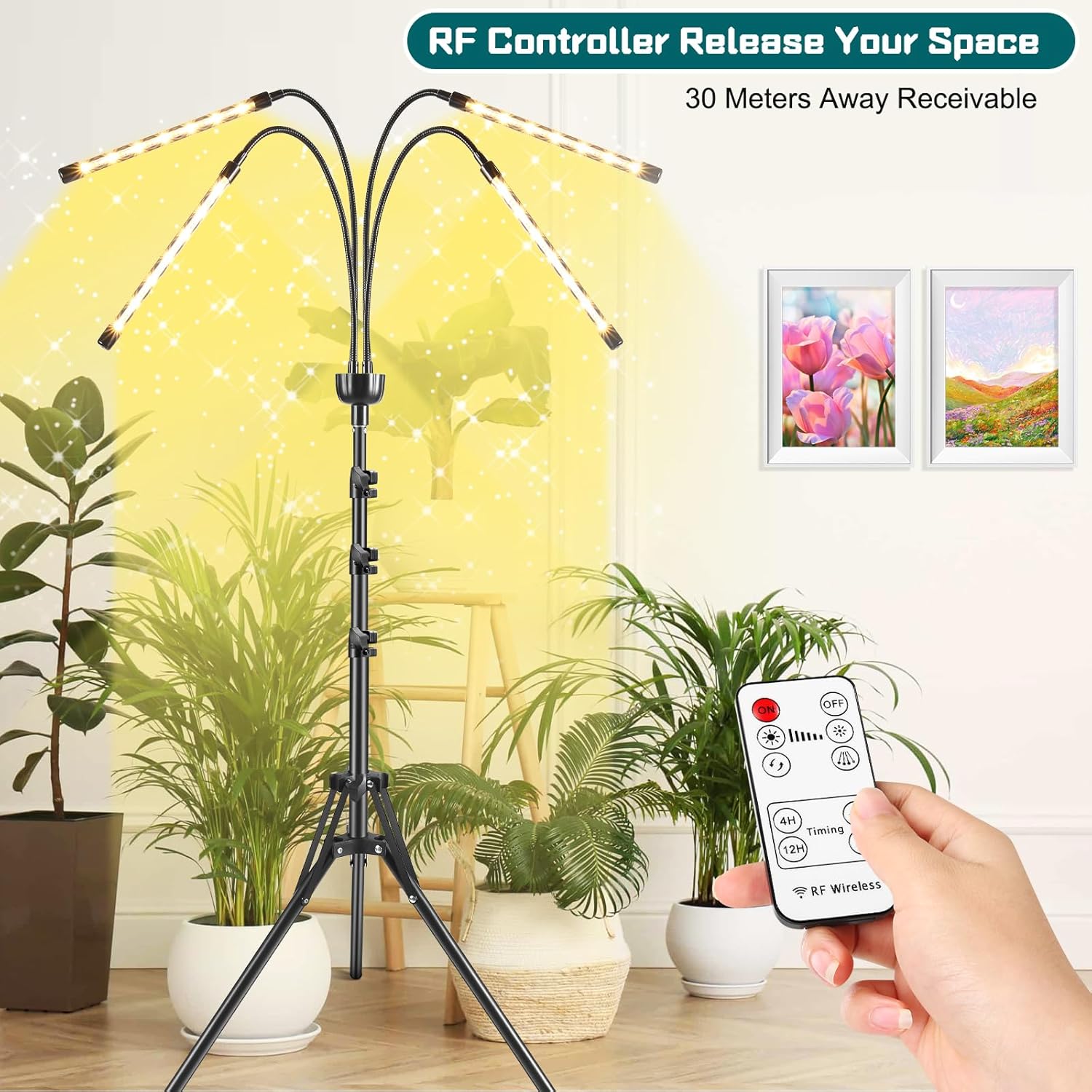 Grow Lights for Indoor Plants Yellow Light with 15-63 inches Adjustable Tripod Stand Plant Light with 4/8/12H Timer with Remote Control