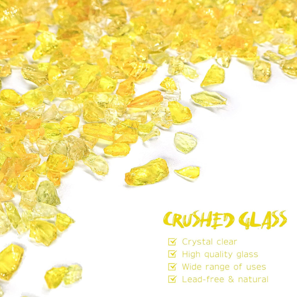 Crushed Glass for Resin Art - 3-6mm Yellow, 1.5lb | Broken Glass Pieces for Crafts, Vase Filler & Fire Pit Media | Decorative Stones