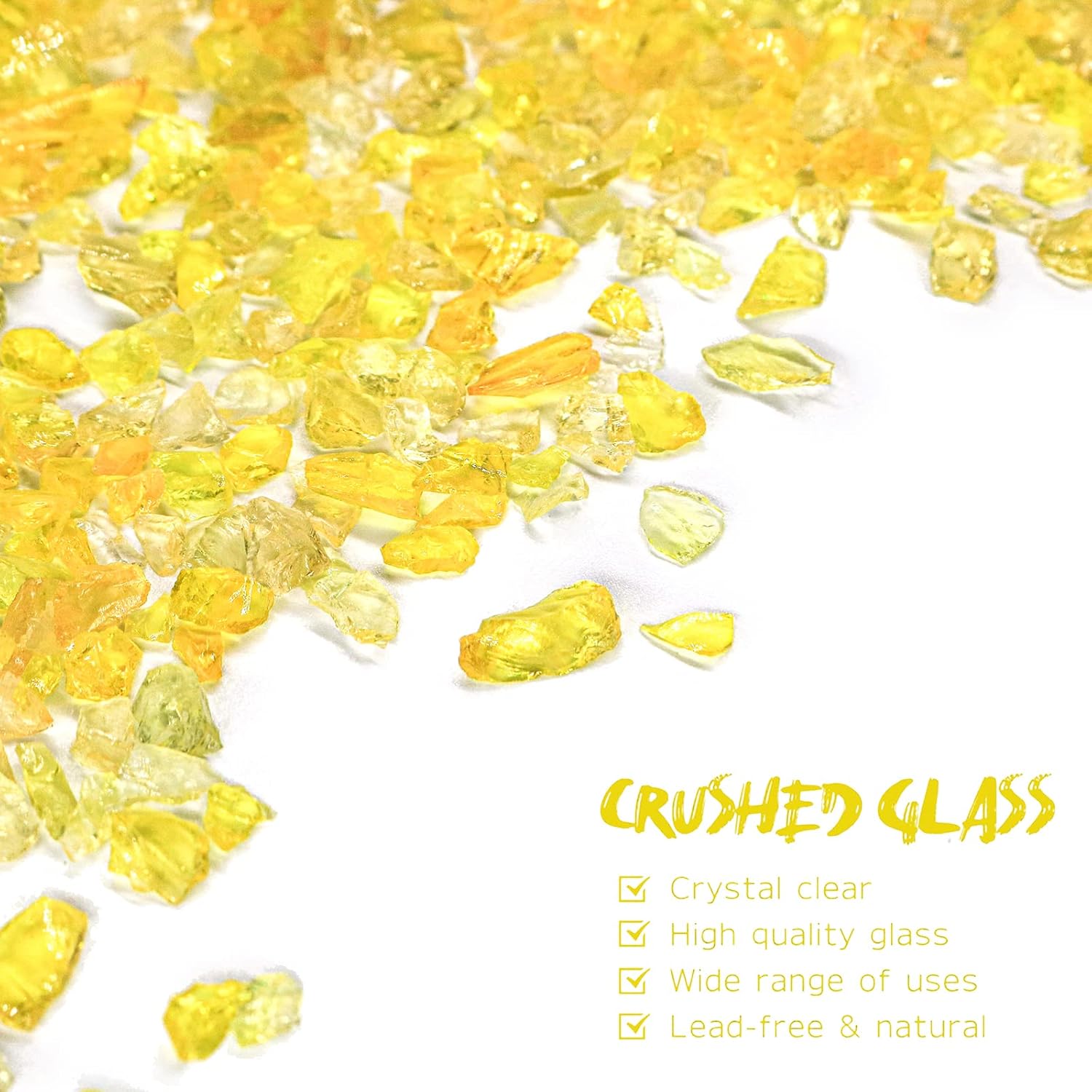 Crushed Glass for Resin Art - 3-6mm Yellow, 1.5lb | Broken Glass Pieces for Crafts, Vase Filler & Fire Pit Media | Decorative Stones