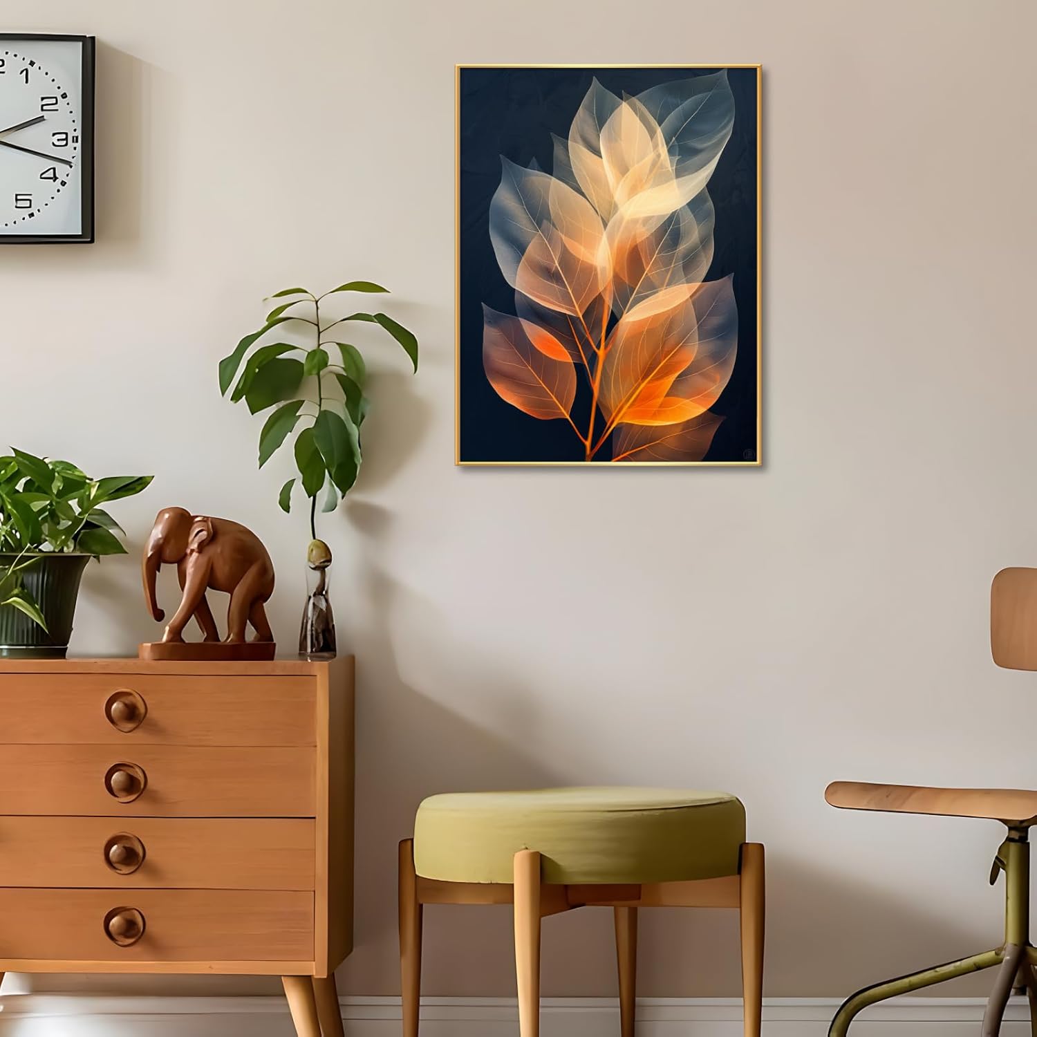 Botanical Leaf Canvas Wall Art, Modern Nature-Inspired Decor for Living Room, Bedroom, Office Ready to Hang (Serene Hues, 17"Wx23"H/45x60cm, Gold Frame)