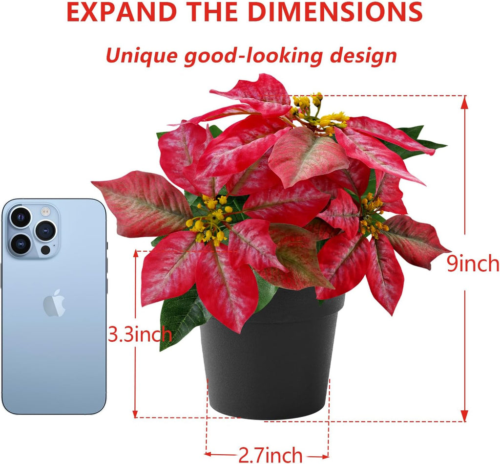 Poinsettias Artificial Christmas Flowers Tabletop 2 Pack Small Poinsettia Plant Artificial 9 Inch Red Faux Winter Flowers for Xmas Ornament Porch Home Garden Decorations