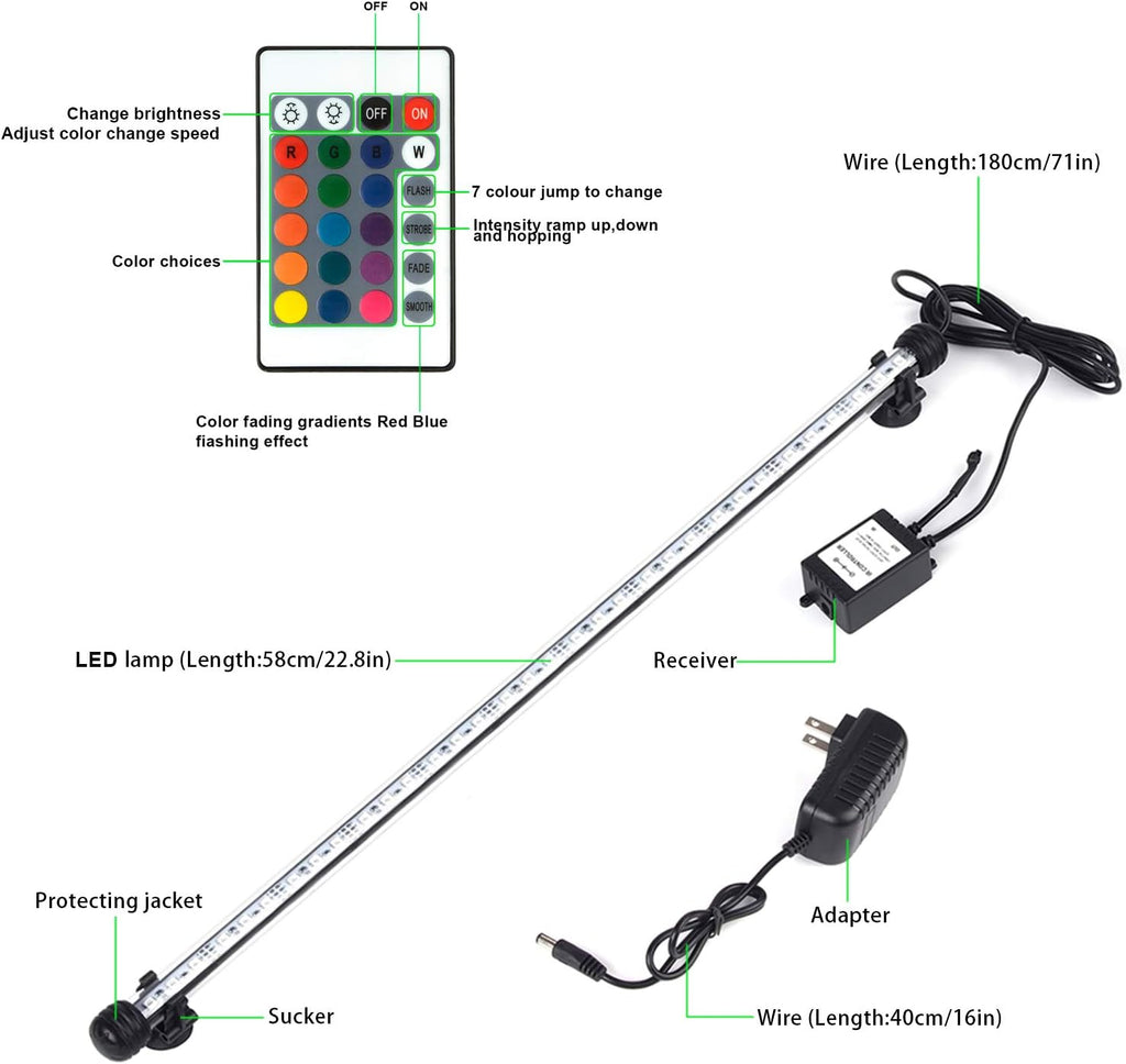 RGB Aquarium Lights, Colored Fish Tank Lights, Underwater LED Tank Lights IP68 Waterproof Color Changing Memory Dimmable Submersible Fish Aquarium Lighting Waterfall Lights, 23"