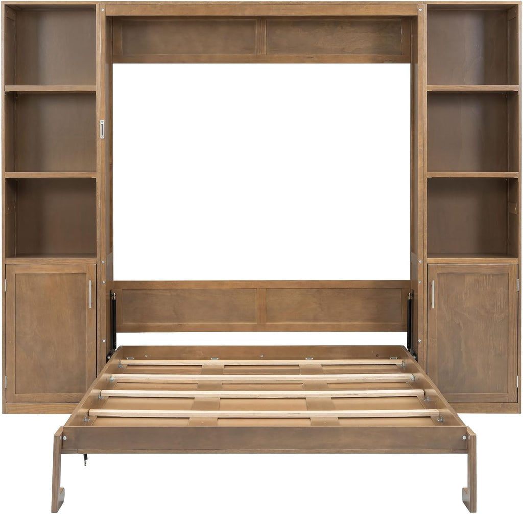 MERITLINE Queen Farmhouse Murphy Bed with Storage Bookcase Shelves and Cabinets, Solid Wood Foldable Hidden Vertical Murphy Wall Bed with Storage for Adults