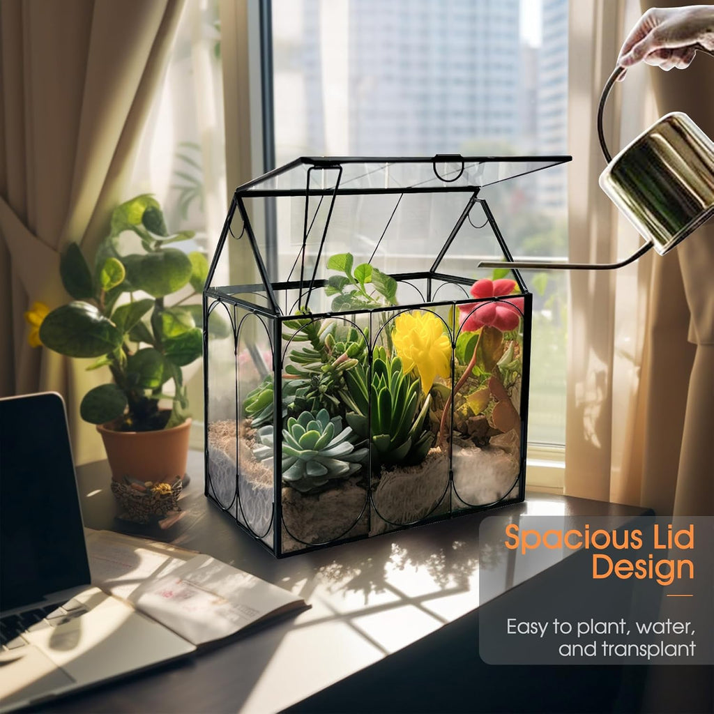 Plant Terrarium Kit, Rifny Large Glass Terrarium Jar with Absorbent Mat for Venus Fly Trap Succulent Live Air Plants Indoor Home Office Decor (Black, 8.9 x 5.9 x 9.9 inch, Without Plant Light)