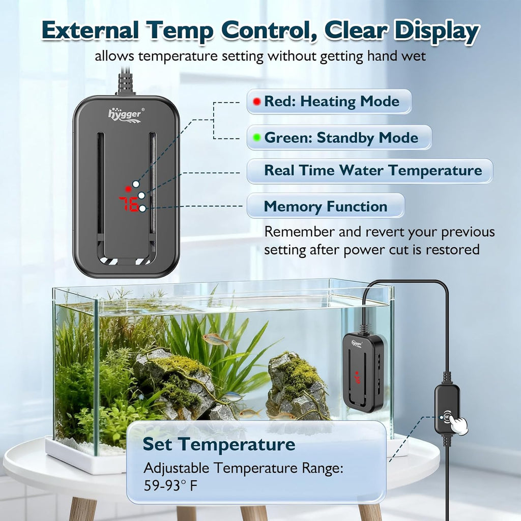 hygger 35-45 Gallon Short Fish Tank Heater, 250W Adjustable Submersible Aquarium Heater with Digital Display Controller, Run Dry & Overheating Protection