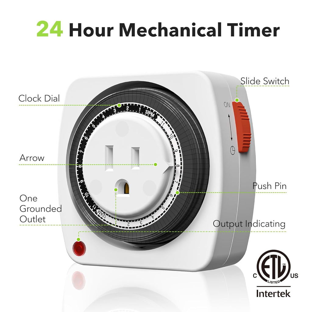 BN-LINK Outlet Timer Indoor, 24-Hour Heavy Duty Mechanical Light Timer with 15-Minute Intervals, 3 Prong Plug Outlet for Aquariums, Grow Lights, Indoor Lighting, Home Appliances, ETL Listed, 2-Pack