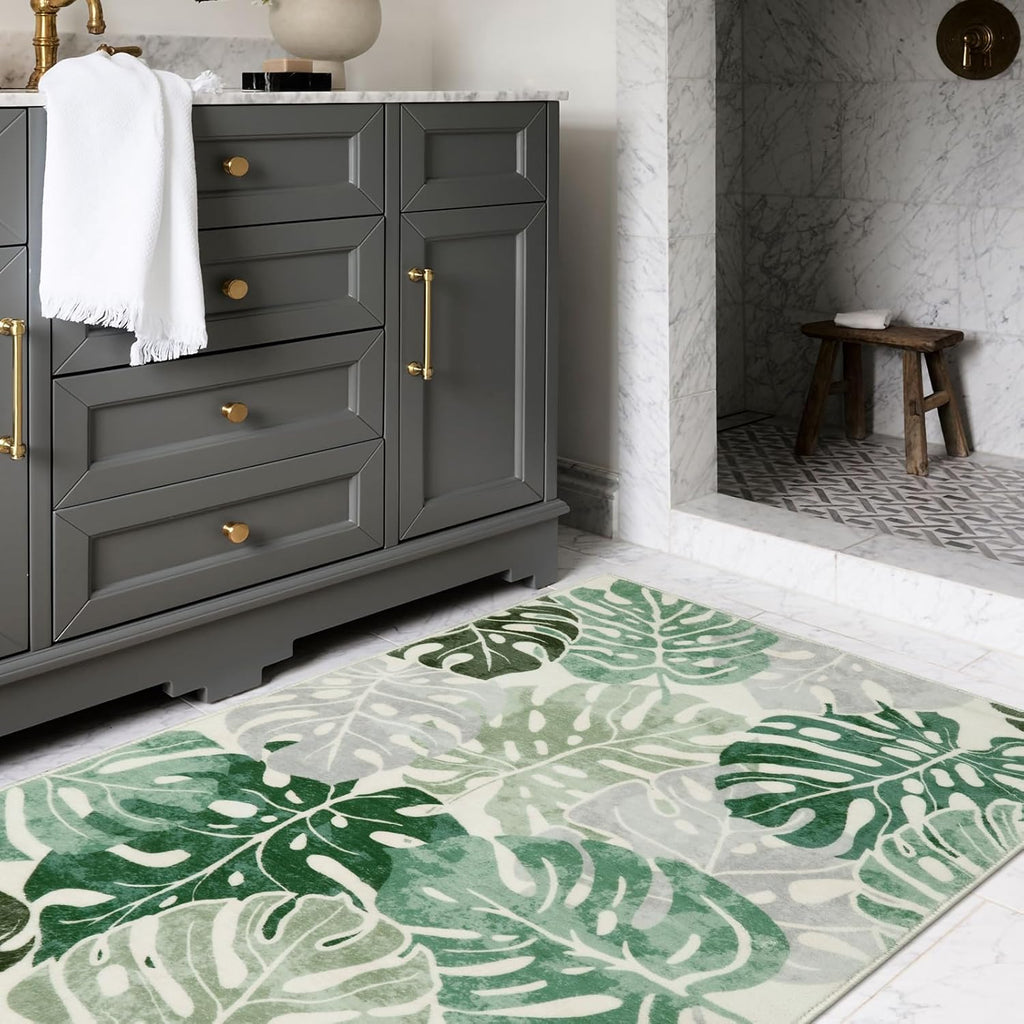 Wonnitar Monstera 3x5 Washable Rug, Sage Green Leaf Area Rugs for Bedroom, Non-Slip Living Room Entry Throw Mat, Low Pile Faux Wool Indoor Carpet for Kitchen Bathroom Office