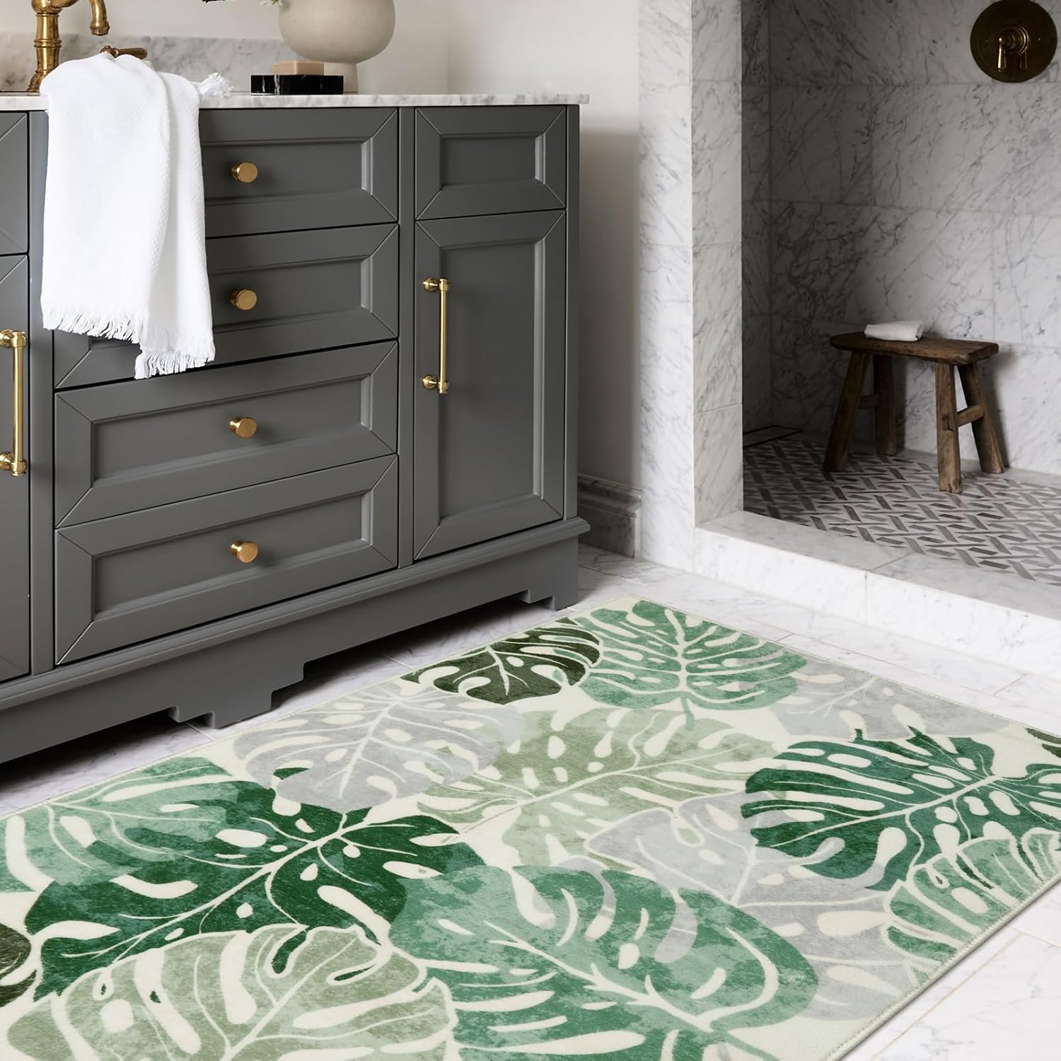 Wonnitar Monstera 3x5 Washable Rug, Sage Green Leaf Area Rugs for Bedroom, Non-Slip Living Room Entry Throw Mat, Low Pile Faux Wool Indoor Carpet for Kitchen Bathroom Office