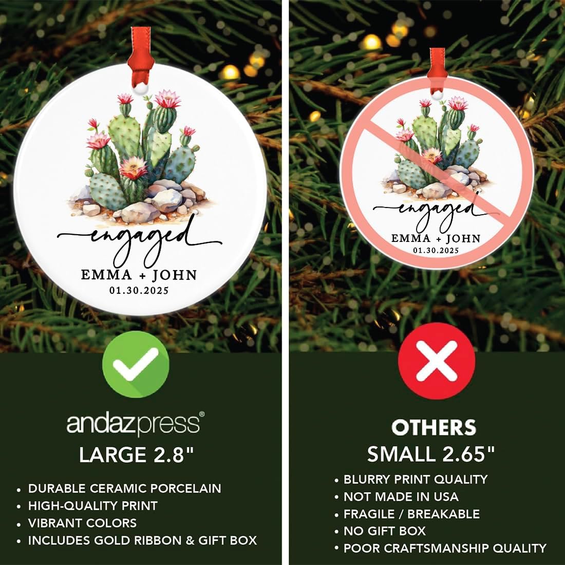 Andaz Press 2.8" Ceramic Porcelain Personalized Christmas Cactus Ornament, Engaged Flowering Cactus, Custom Cactus Christmas Ornaments, Succulent Ornament Cactus Decor, Engagement Gift for Couples