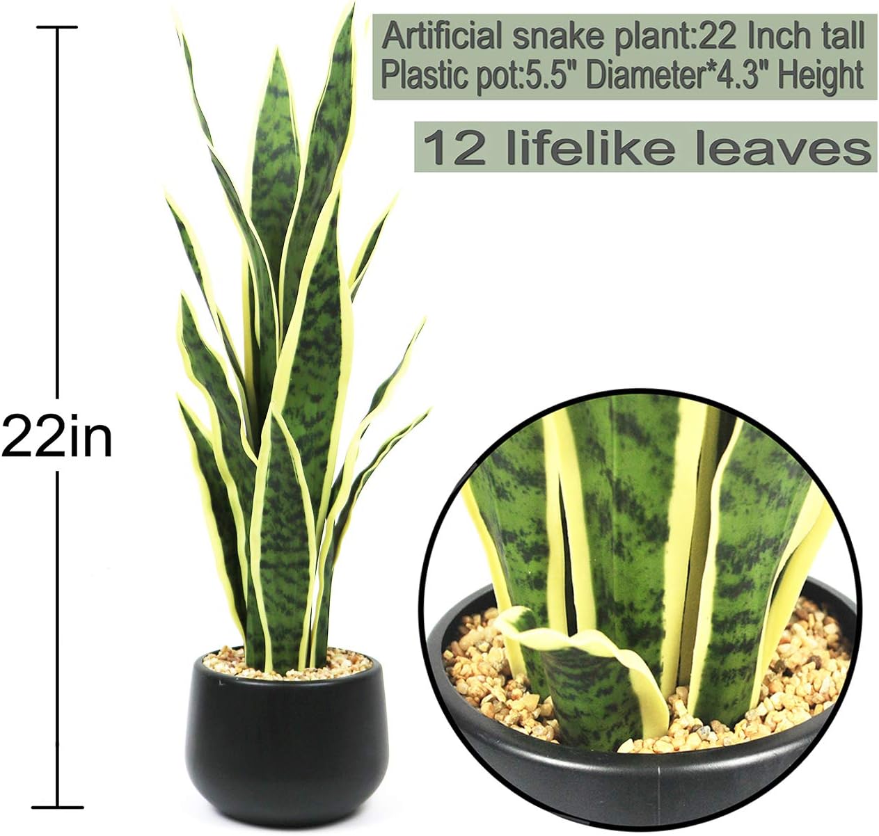 Beebel Artificial Snake Plant 22" Fake Sansevieria Potted Plants Plastic Greenery Perfect Faux Agave Plant for Home Garden Office Store Decoration